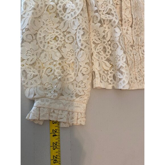 Vintage Ivory Lace Long Sleeve Blouse High Ruffled Neck Pleated Front - Picture 8 of 8